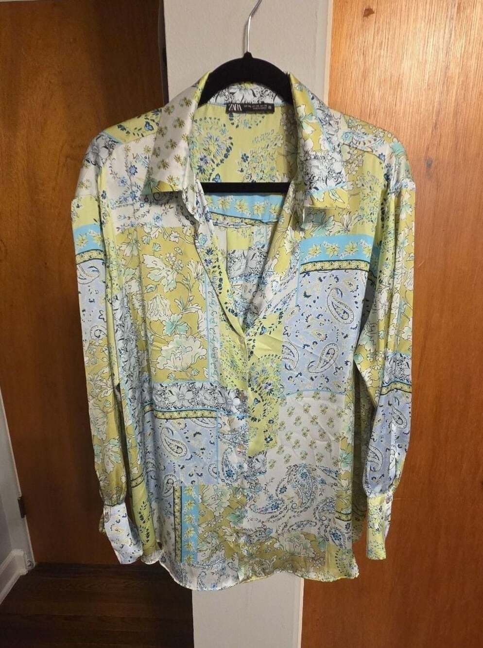 Zara Satin Paisley Patchwork Boho Chic Long Sleeve Button Down Shirt, size XXL - Picture 5 of 8